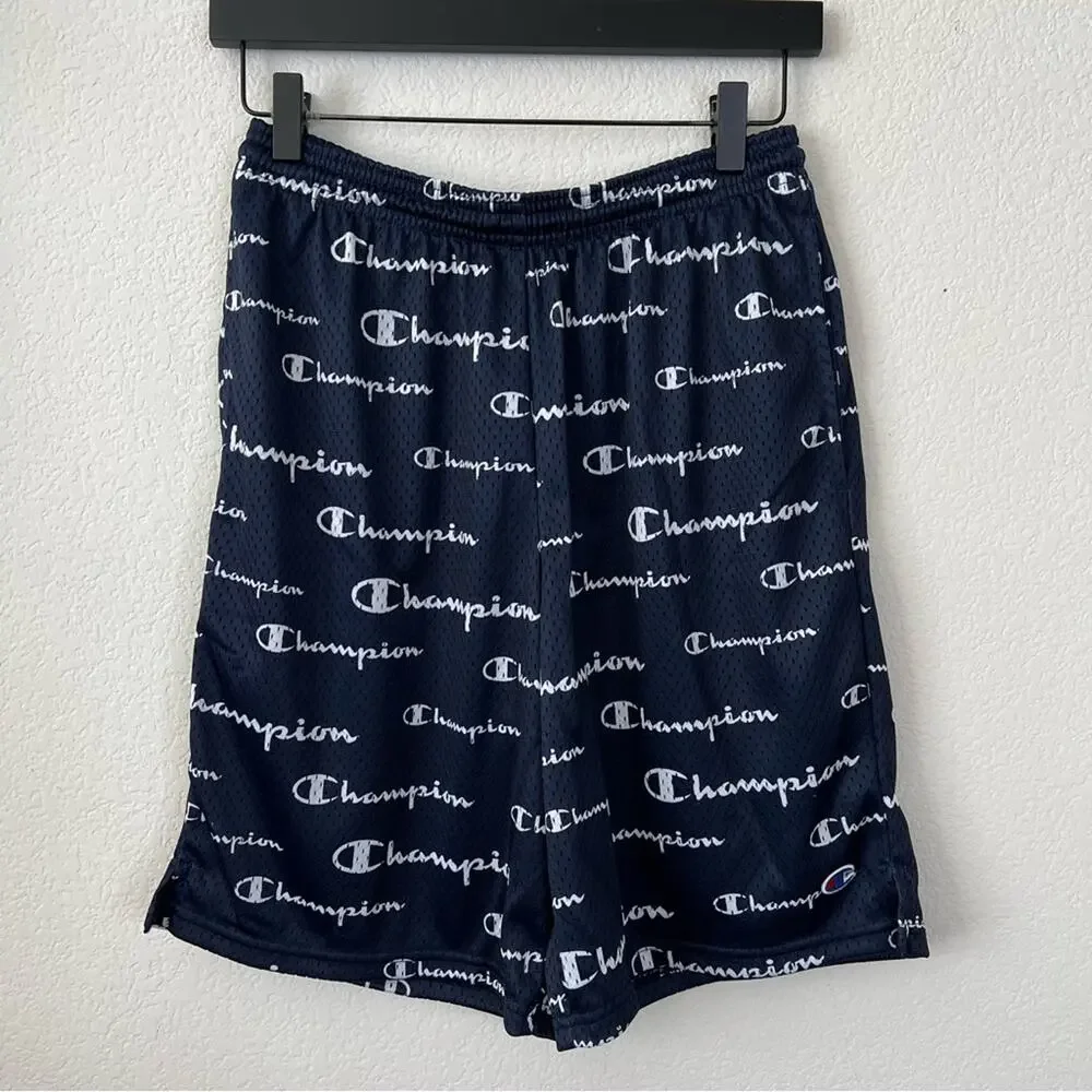 Champion Allover Logo Print Mesh Active Shorts Navy Blue White